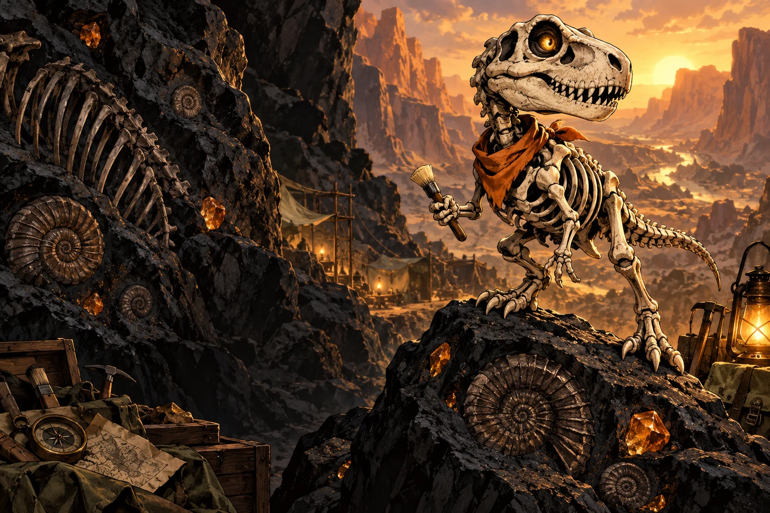 A dinosaur skeleton explorer brushing fossils at an amber-lit excavation